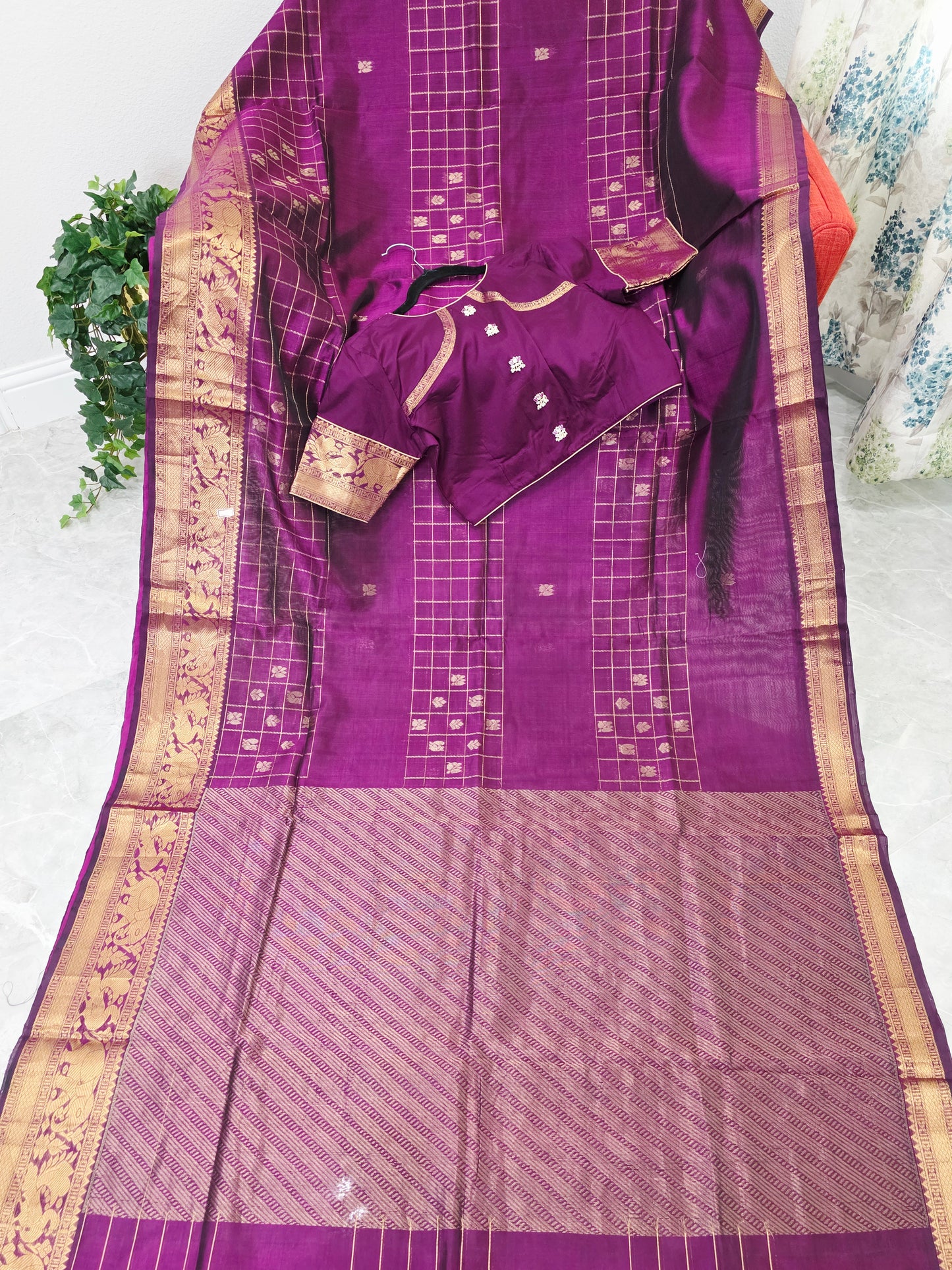 Mangalagiri Pattu Checks Designer Purple Saree with Stitched Blouse