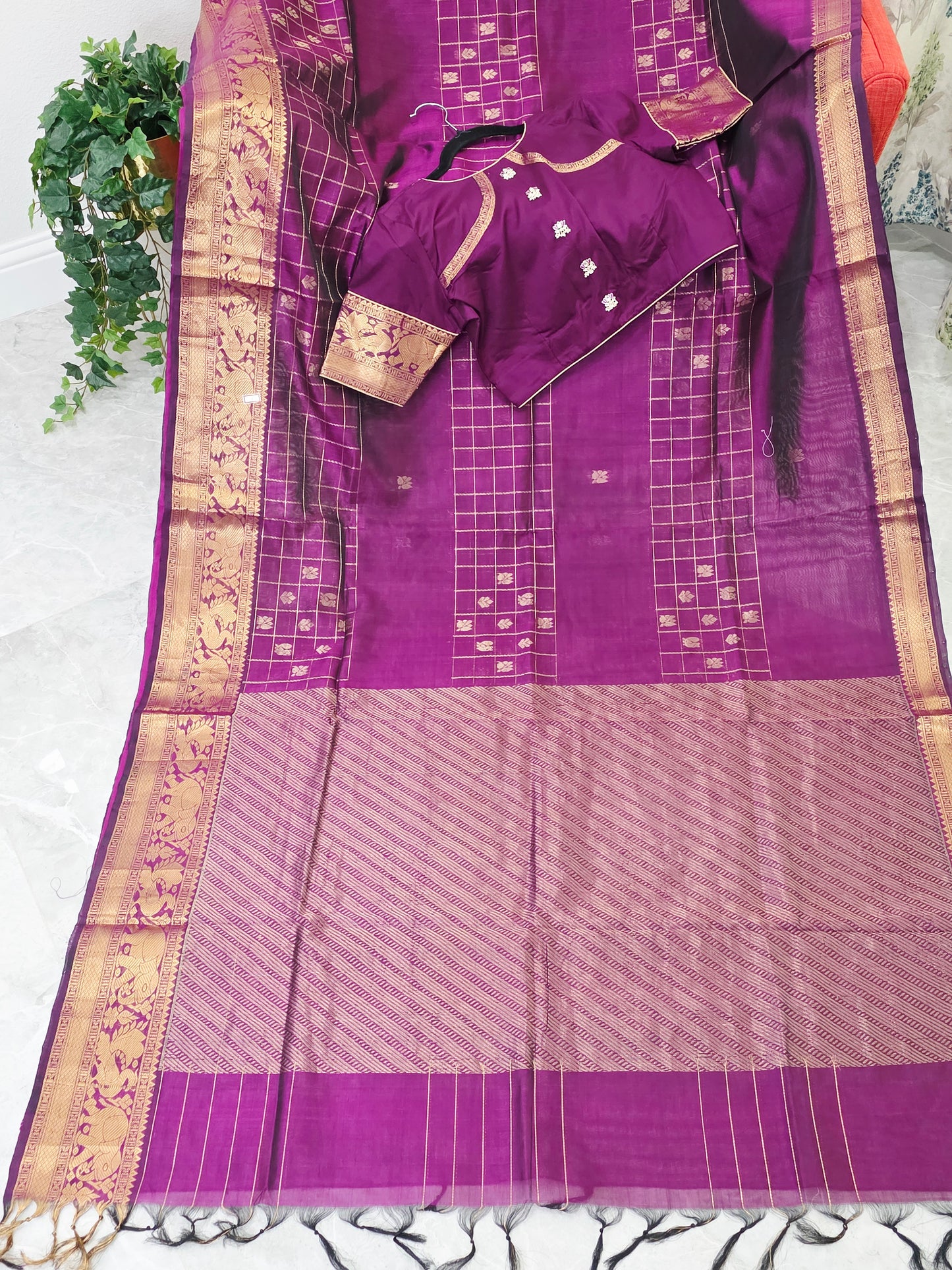 Mangalagiri Pattu Checks Designer Purple Saree with Stitched Blouse