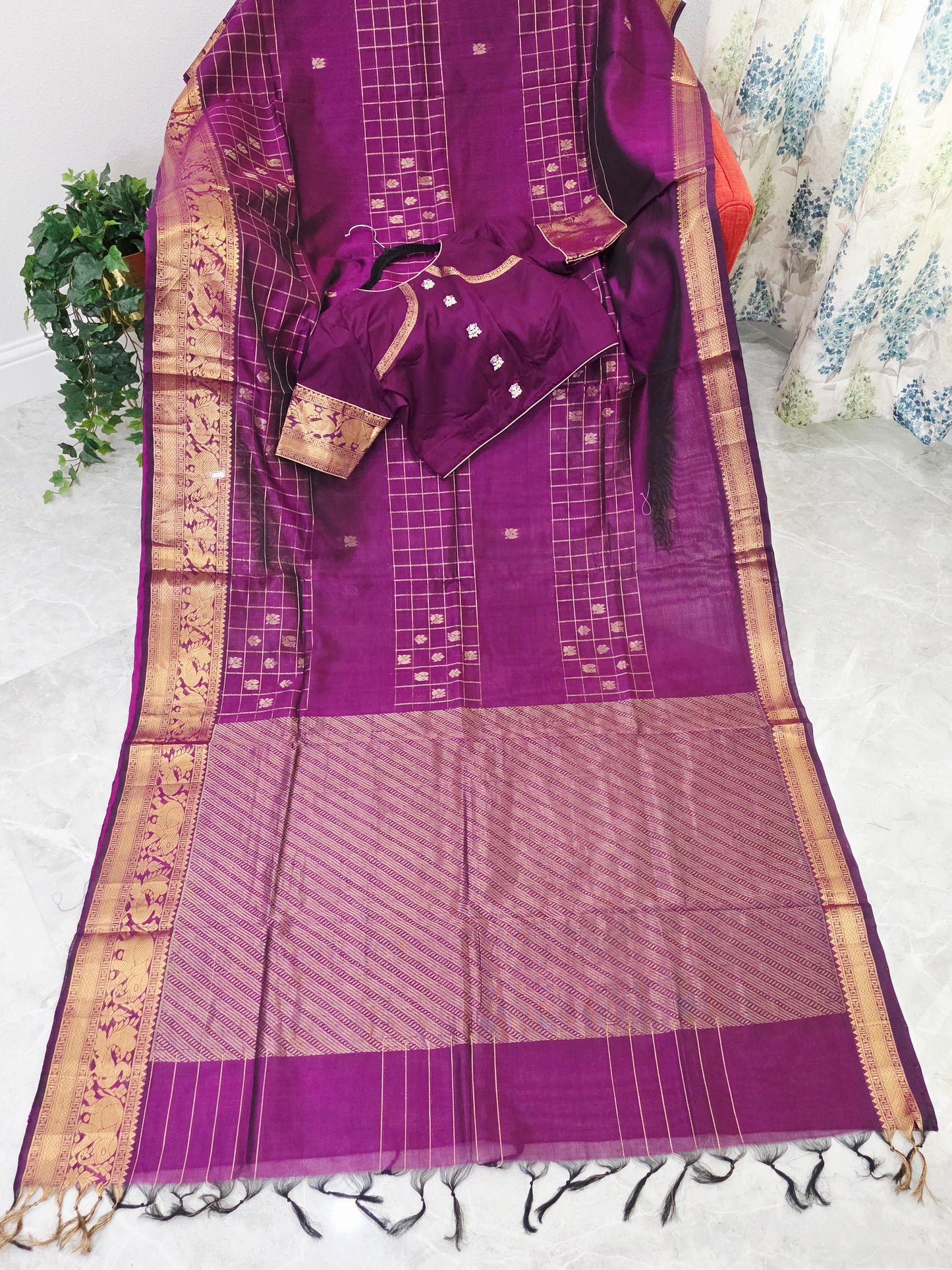 Mangalagiri Pattu Checks Designer Purple Saree with Stitched Blouse