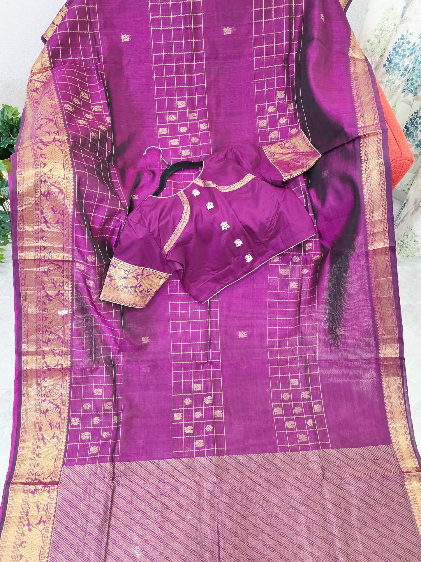 Mangalagiri Pattu Checks Designer Purple Saree with Stitched Blouse