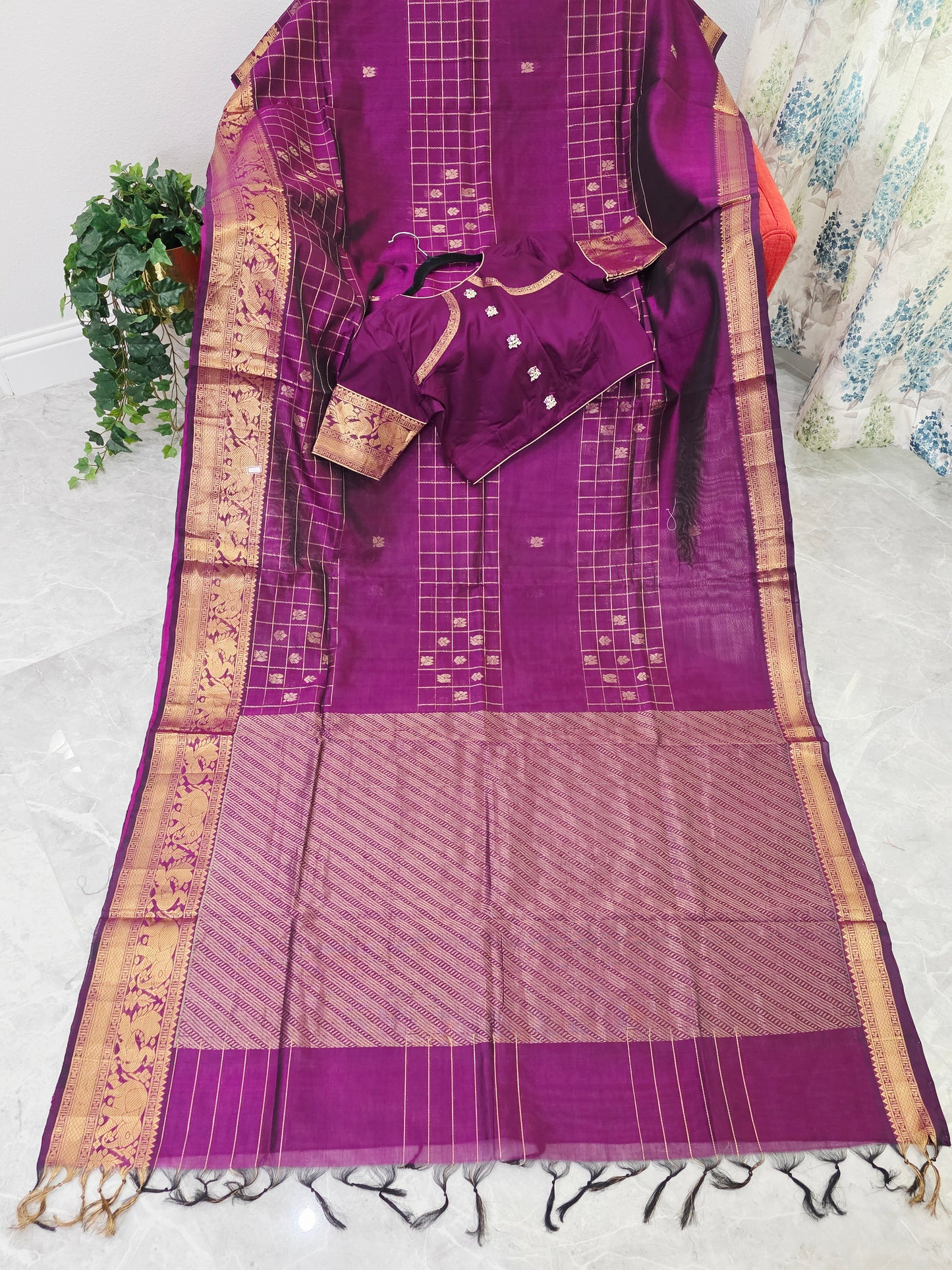 Mangalagiri Pattu Checks Designer Purple Saree with Stitched Blouse