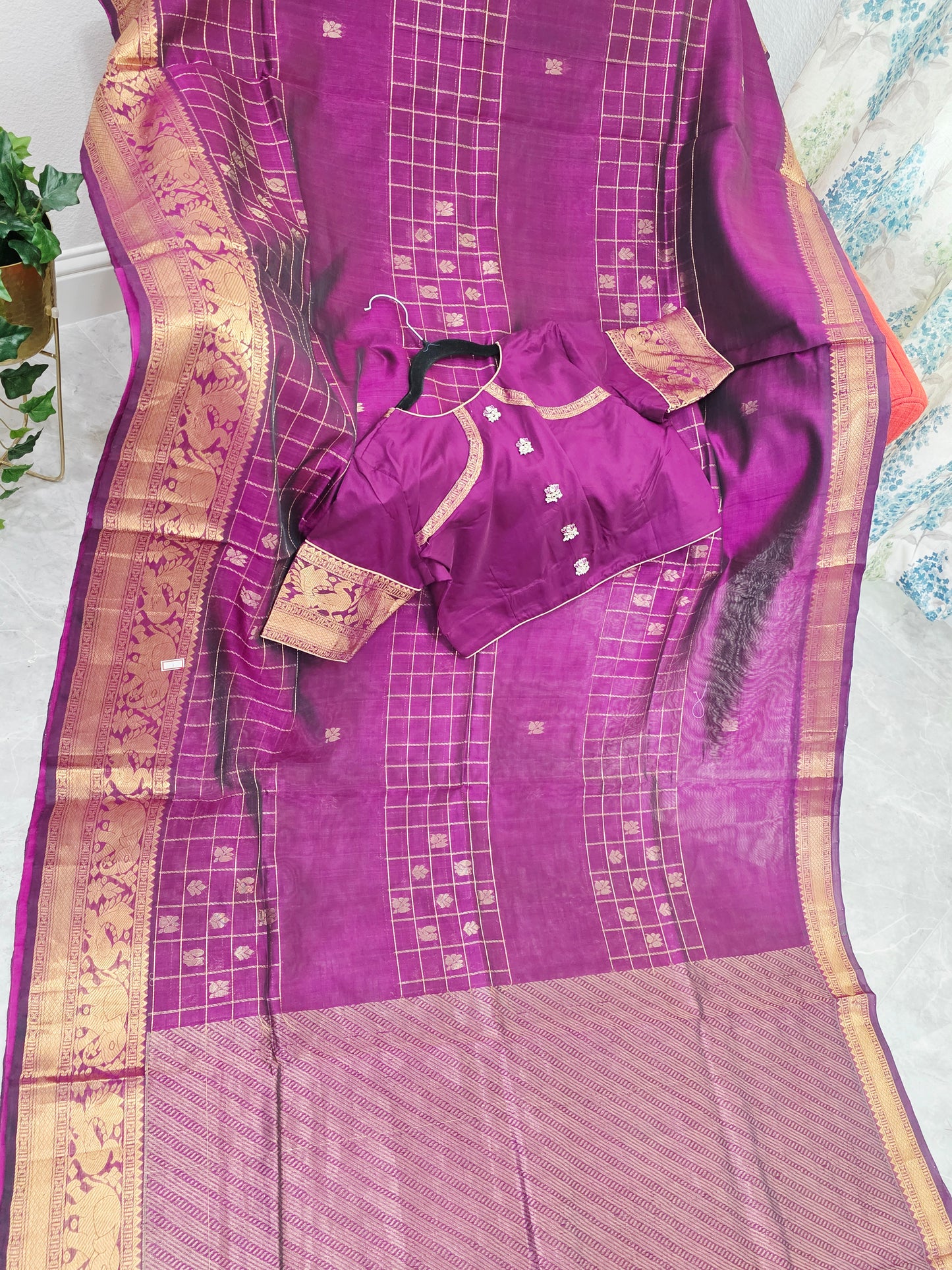 Mangalagiri Pattu Checks Designer Purple Saree with Stitched Blouse