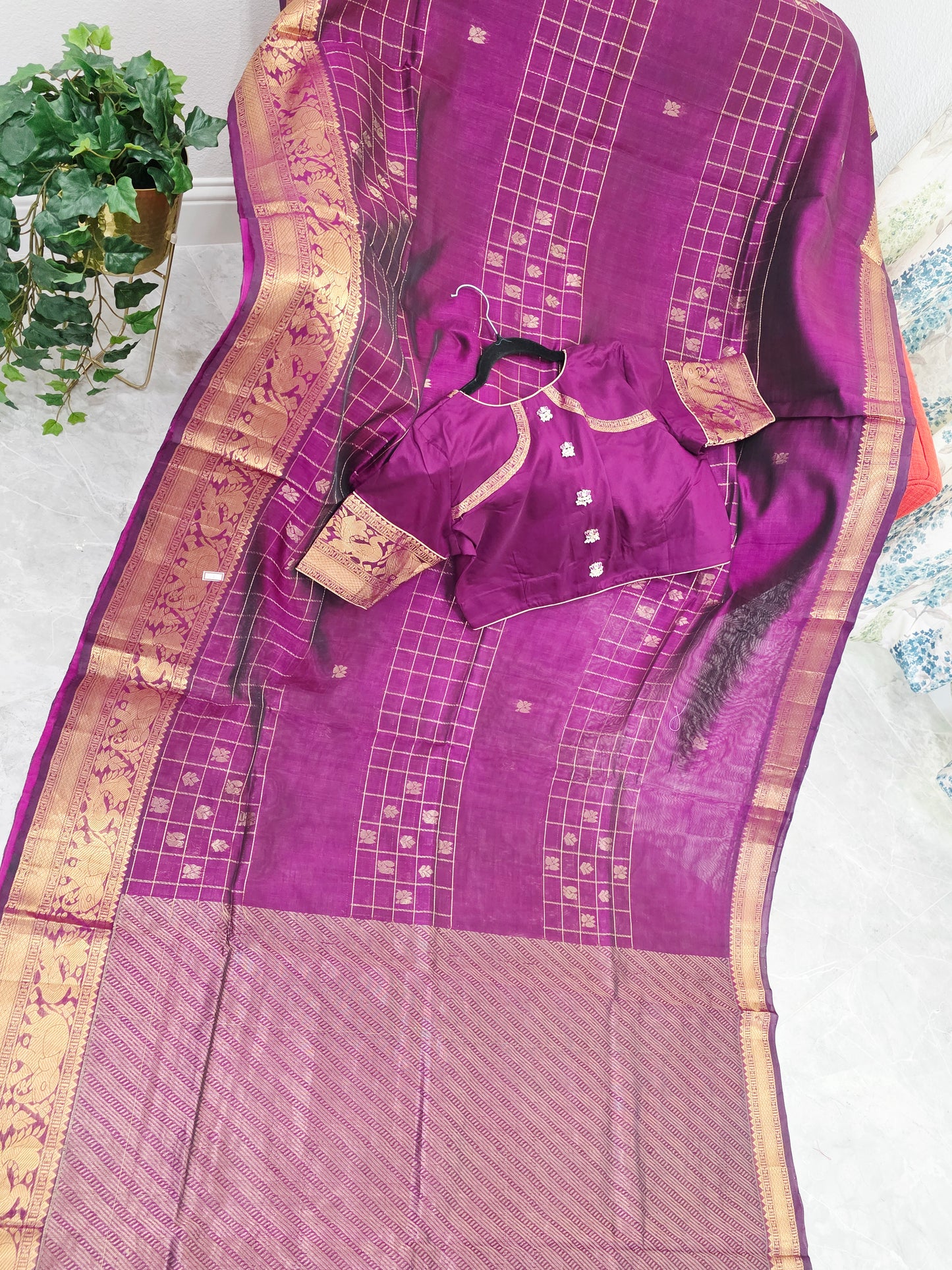 Mangalagiri Pattu Checks Designer Purple Saree with Stitched Blouse