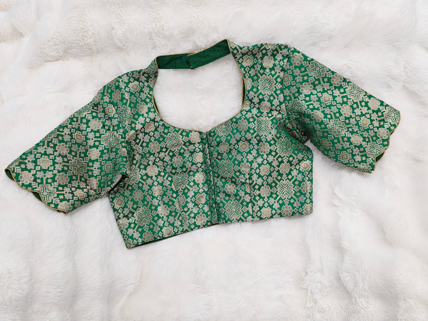 Green Brocade Banarasi Silk Stitched Blouse with Gold Zari