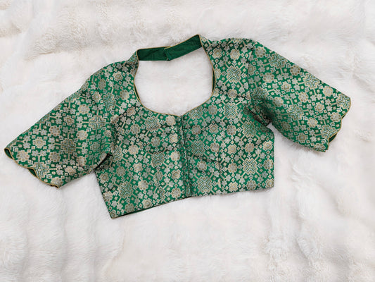 Green Brocade Banarasi Silk Stitched Blouse with Gold Zari