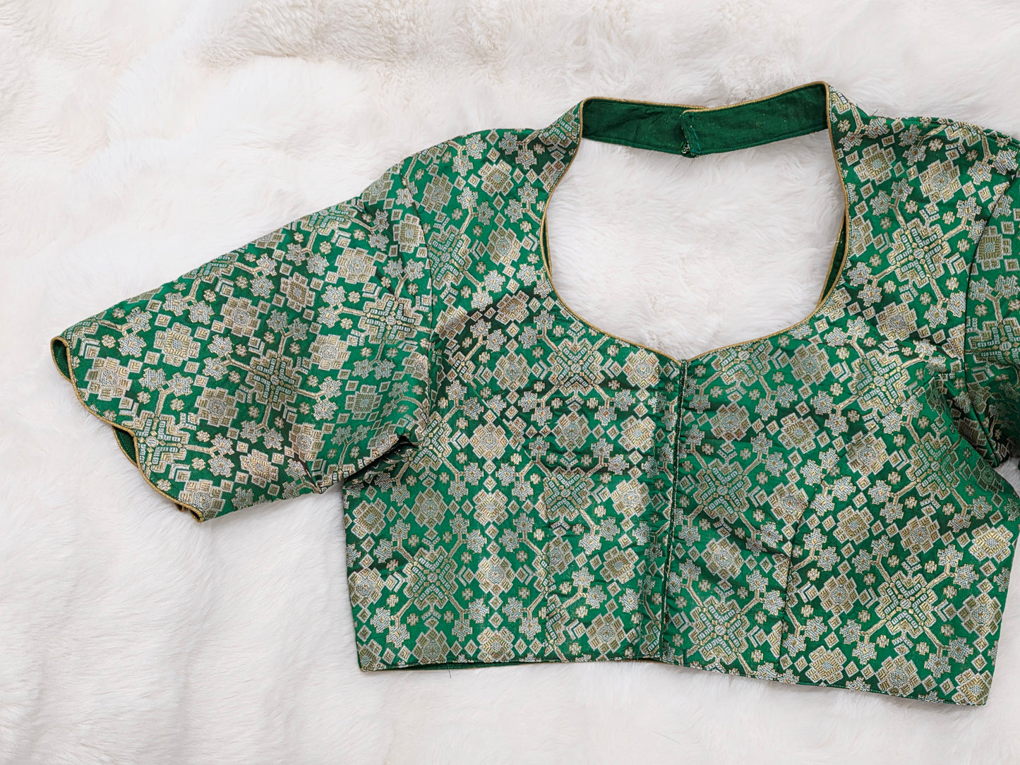 Green Brocade Banarasi Silk Stitched Blouse with Gold Zari