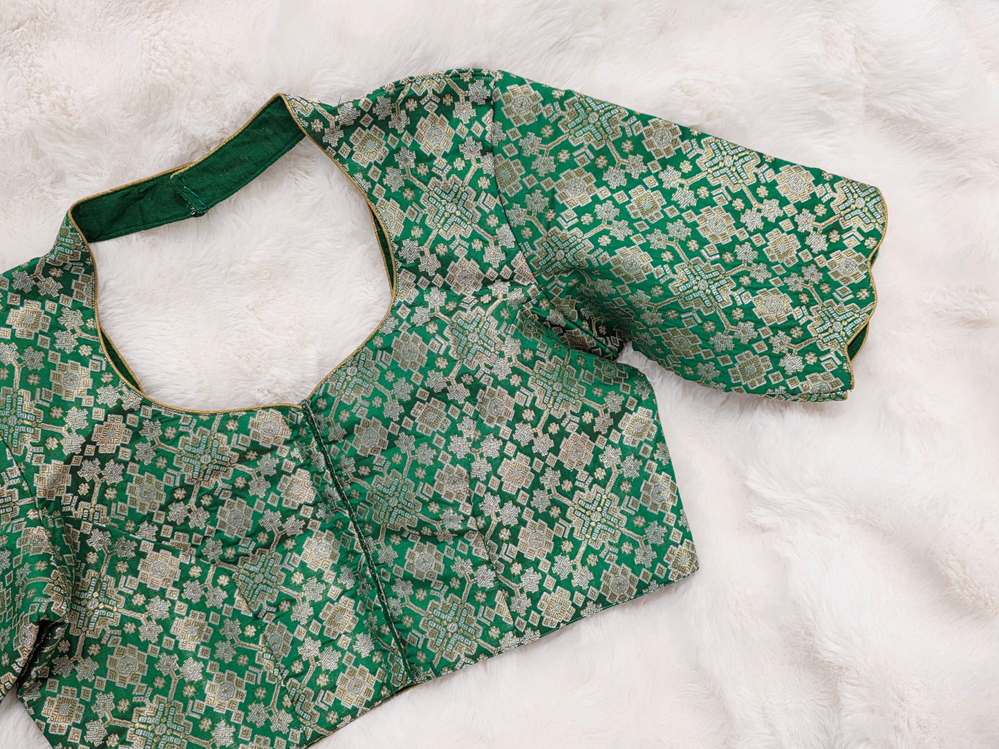 Green Brocade Banarasi Silk Stitched Blouse with Gold Zari