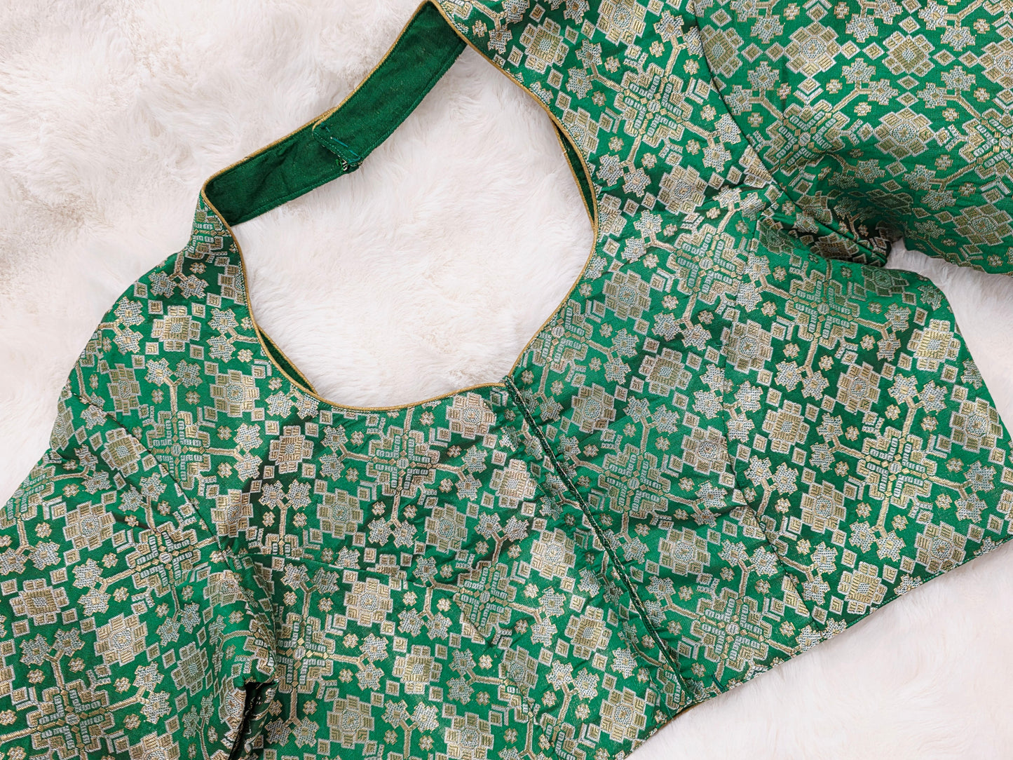 Green Brocade Banarasi Silk Stitched Blouse with Gold Zari