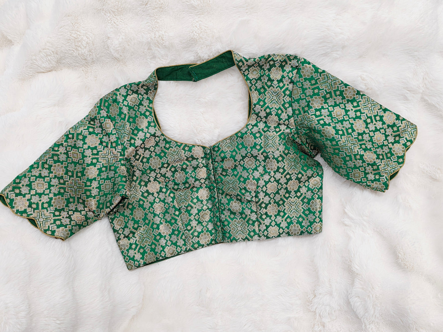 Green Brocade Banarasi Silk Stitched Blouse with Gold Zari