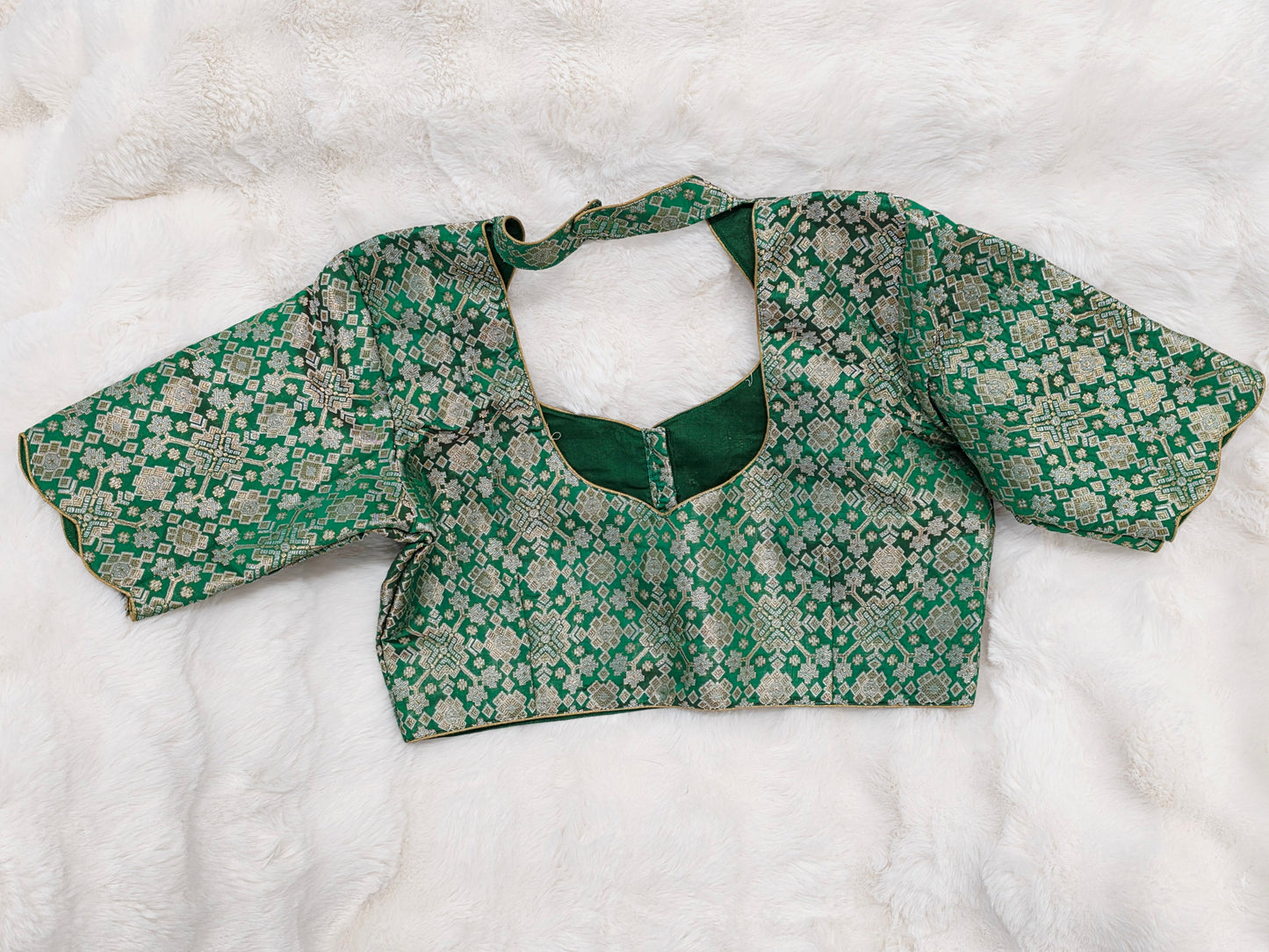 Green Brocade Banarasi Silk Stitched Blouse with Gold Zari