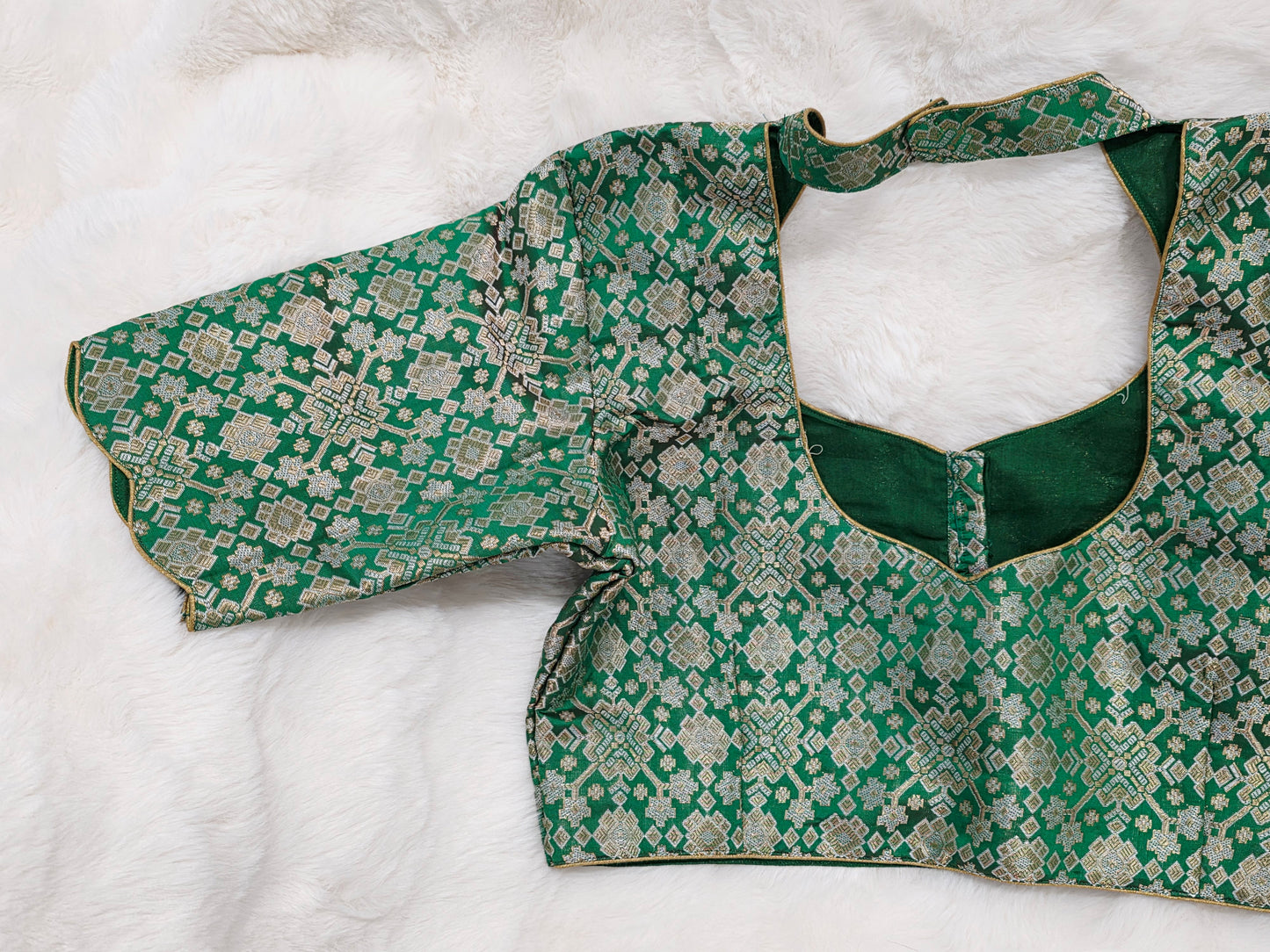Green Brocade Banarasi Silk Stitched Blouse with Gold Zari