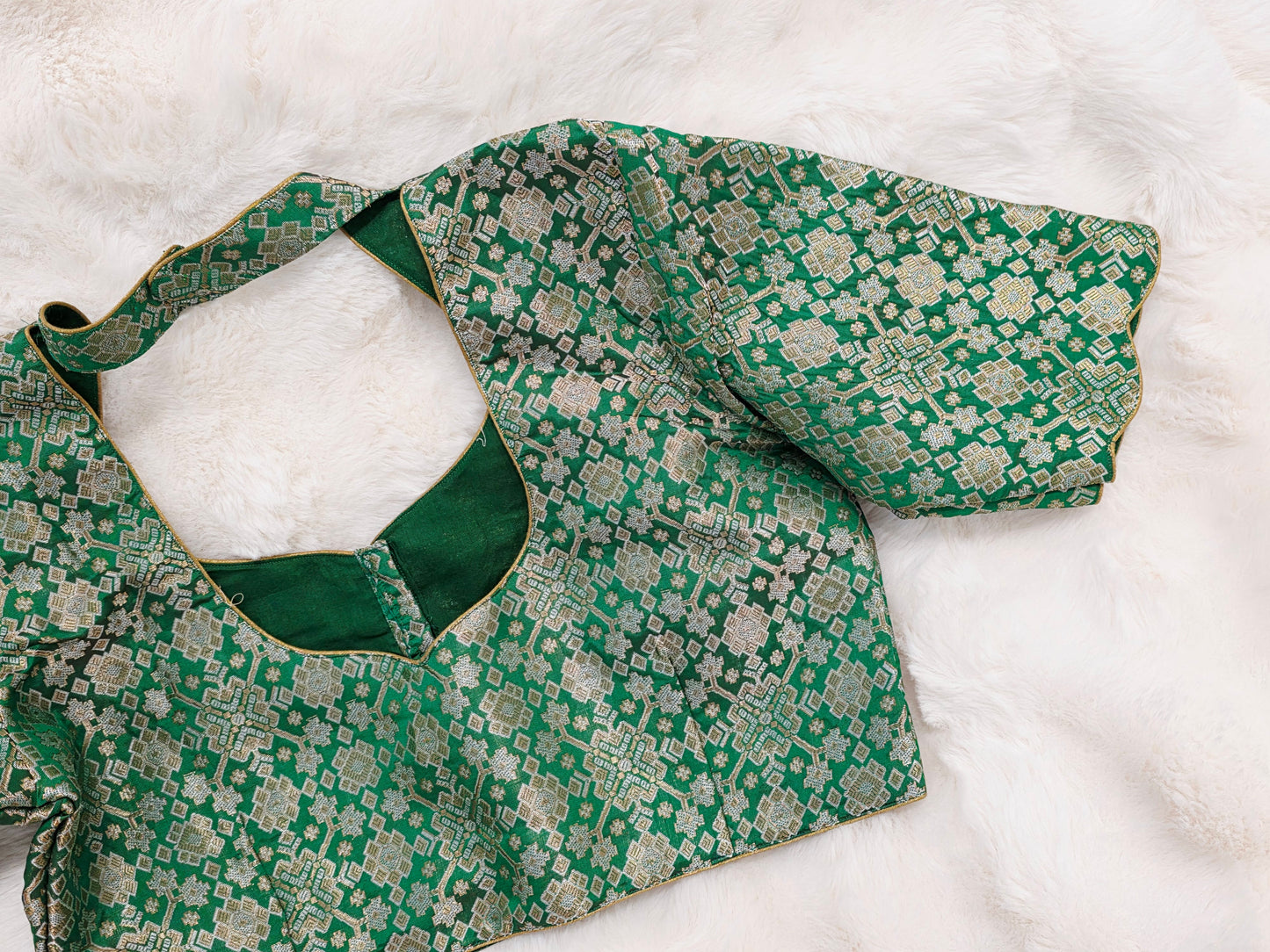Green Brocade Banarasi Silk Stitched Blouse with Gold Zari