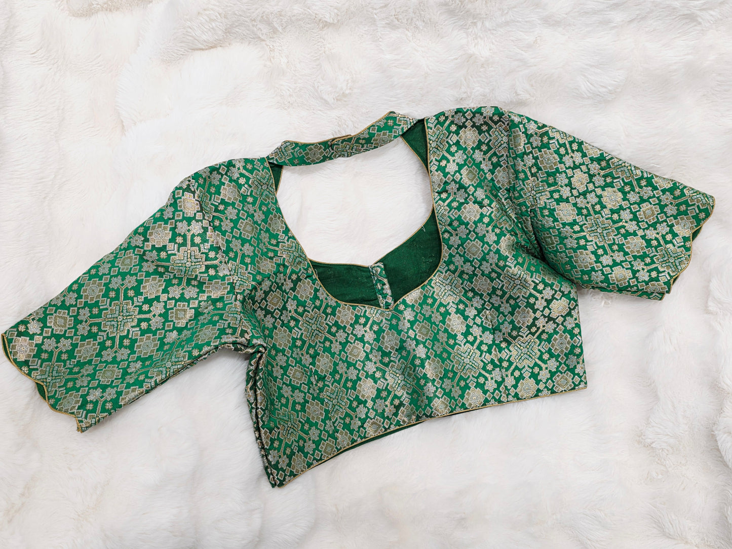 Green Brocade Banarasi Silk Stitched Blouse with Gold Zari