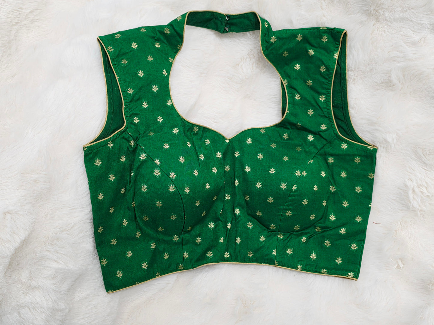 Green Benarasi Sleeveless Stitched Blouse with Gold Zari Butta
