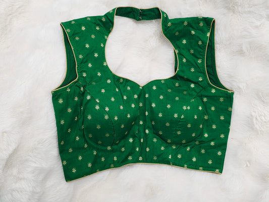 Green Benarasi Sleeveless Stitched Blouse with Gold Zari Butta