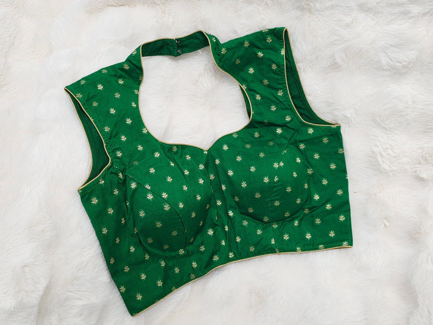 Green Benarasi Sleeveless Stitched Blouse with Gold Zari Butta