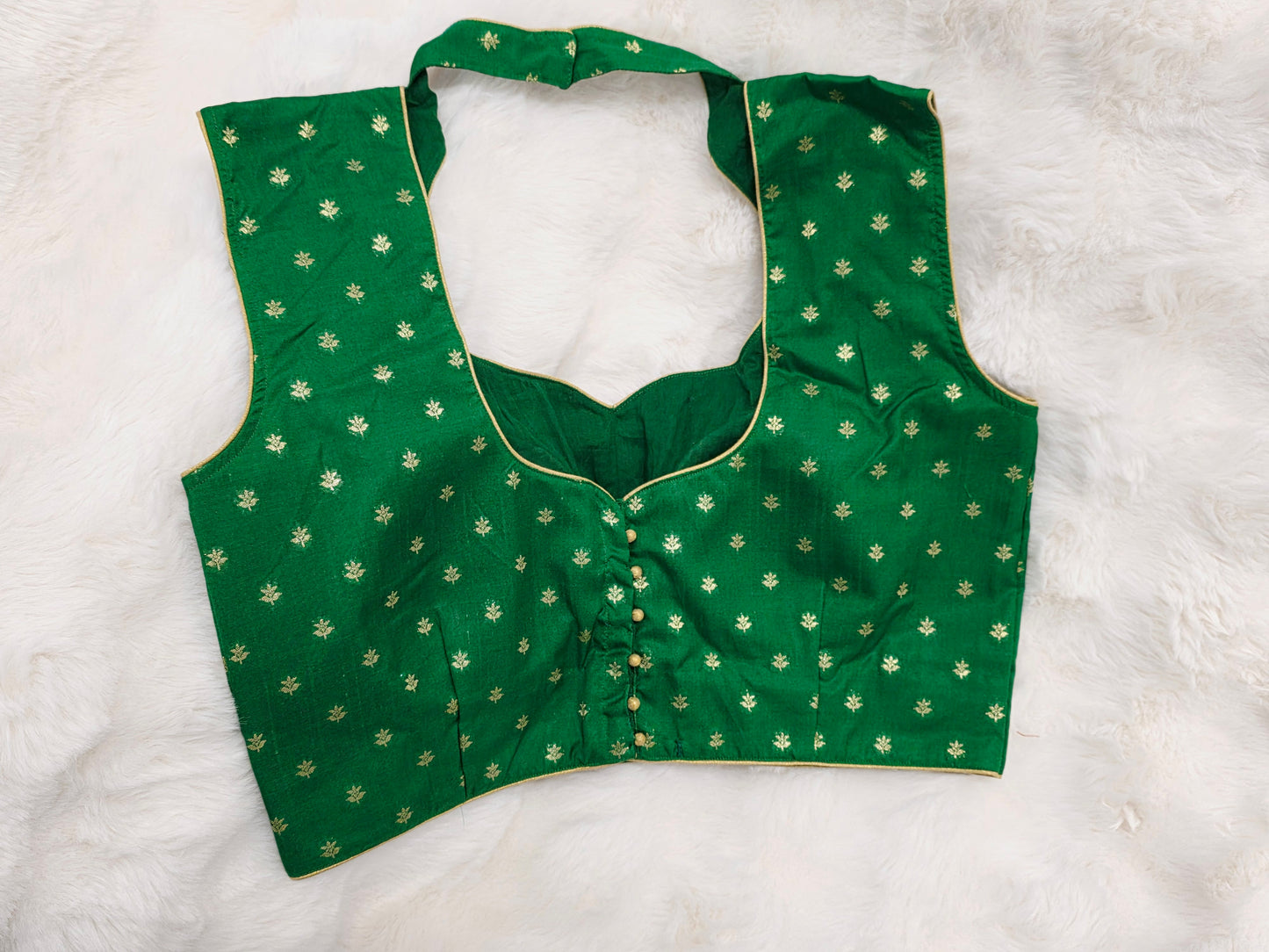 Green Benarasi Sleeveless Stitched Blouse with Gold Zari Butta