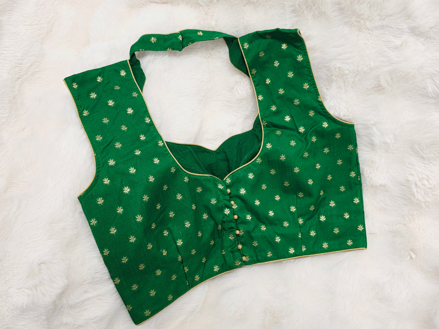 Green Benarasi Sleeveless Stitched Blouse with Gold Zari Butta