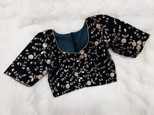 Dark Blue Velvet Designer Floral Sequin Work Stitched Blouse