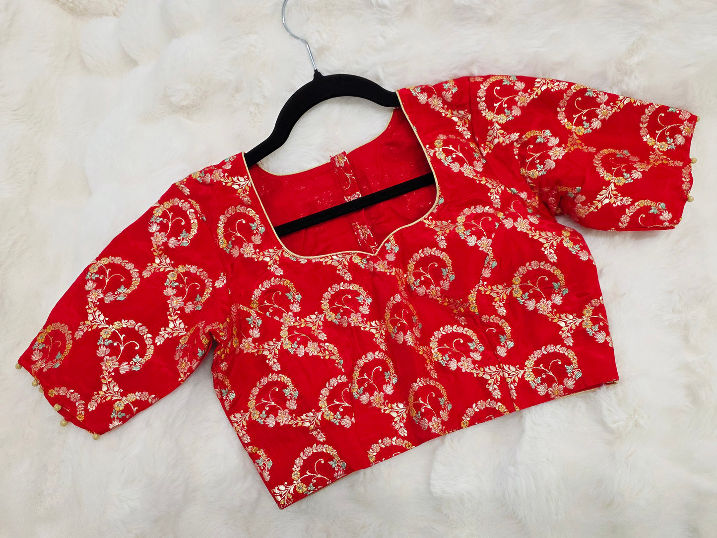 Red Benarasi Floral Weaving Design Stitched Blouse