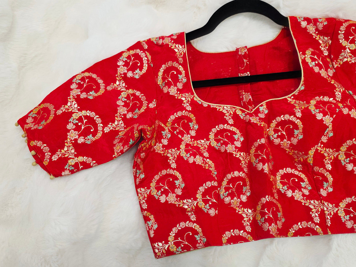 Red Benarasi Floral Weaving Design Stitched Blouse