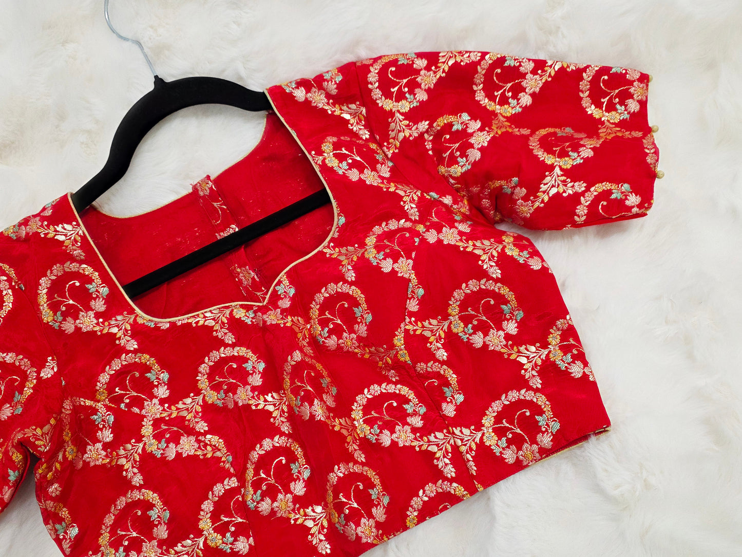 Red Benarasi Floral Weaving Design Stitched Blouse