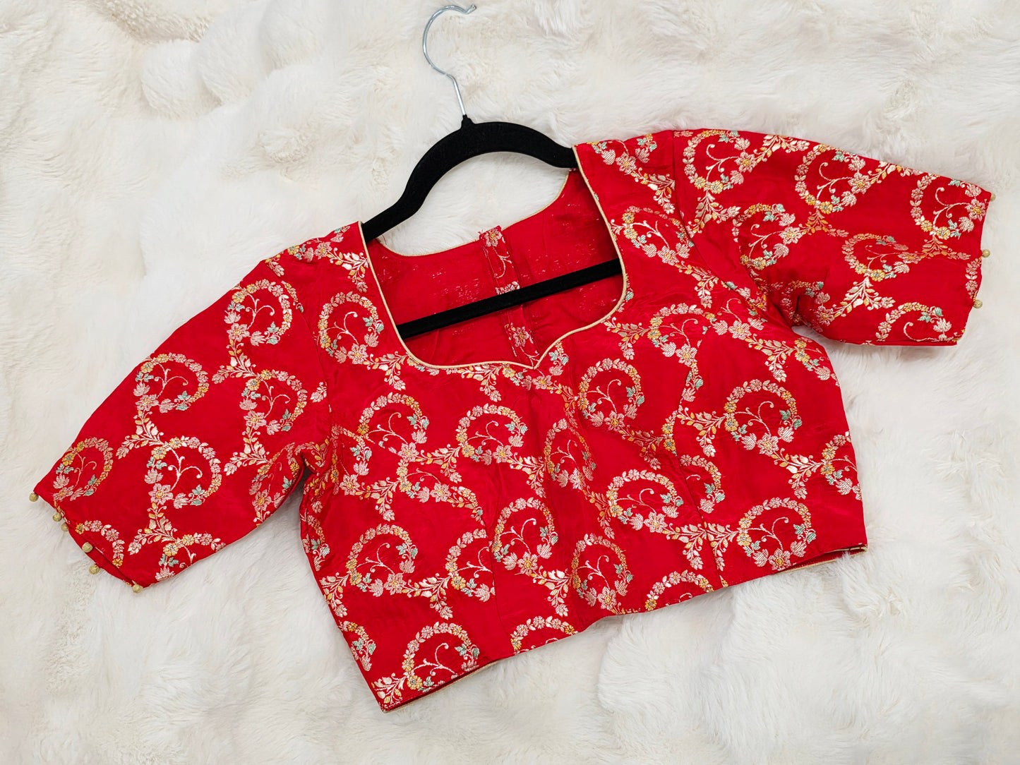 Red Benarasi Floral Weaving Design Stitched Blouse