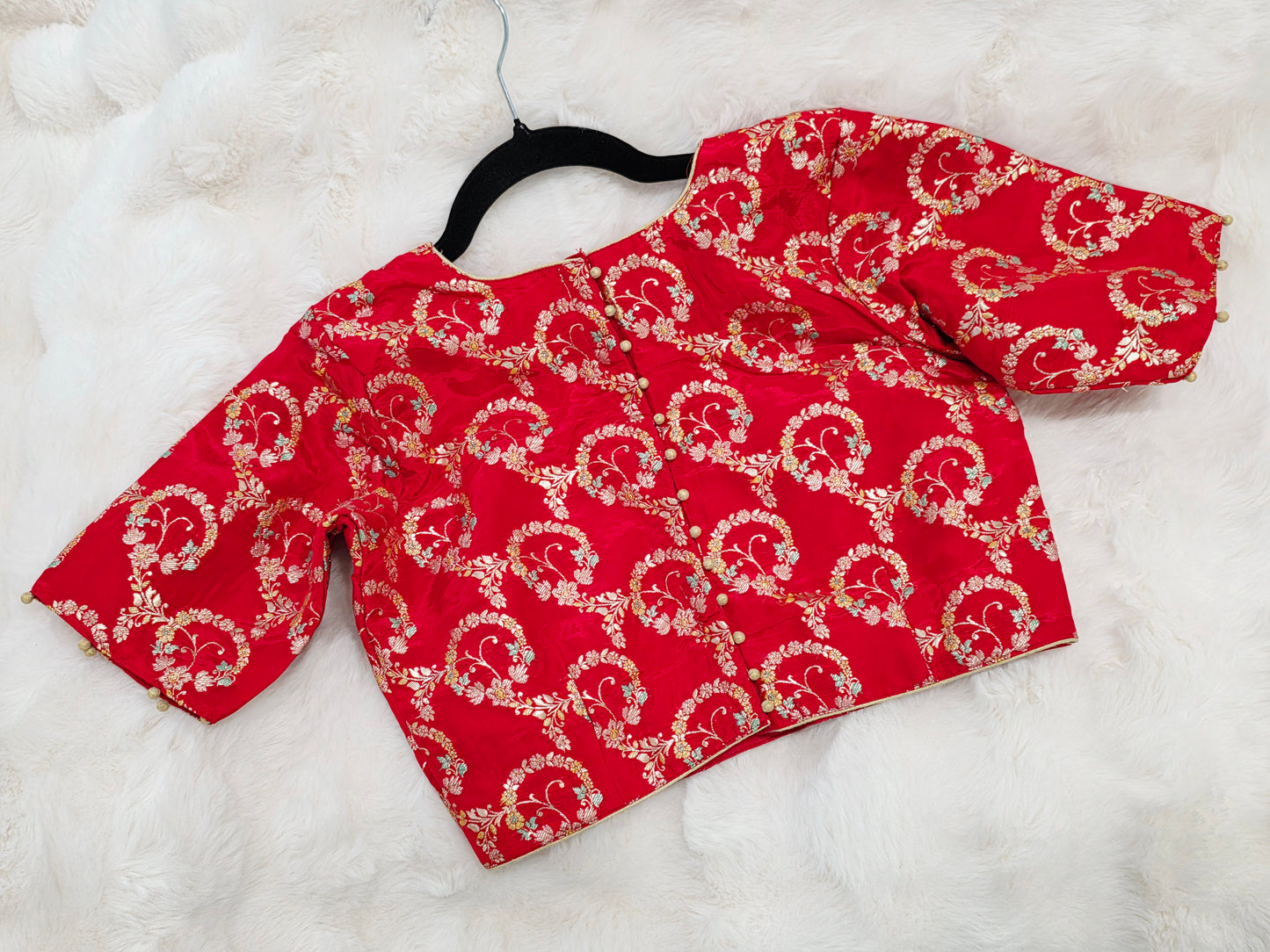 Red Benarasi Floral Weaving Design Stitched Blouse