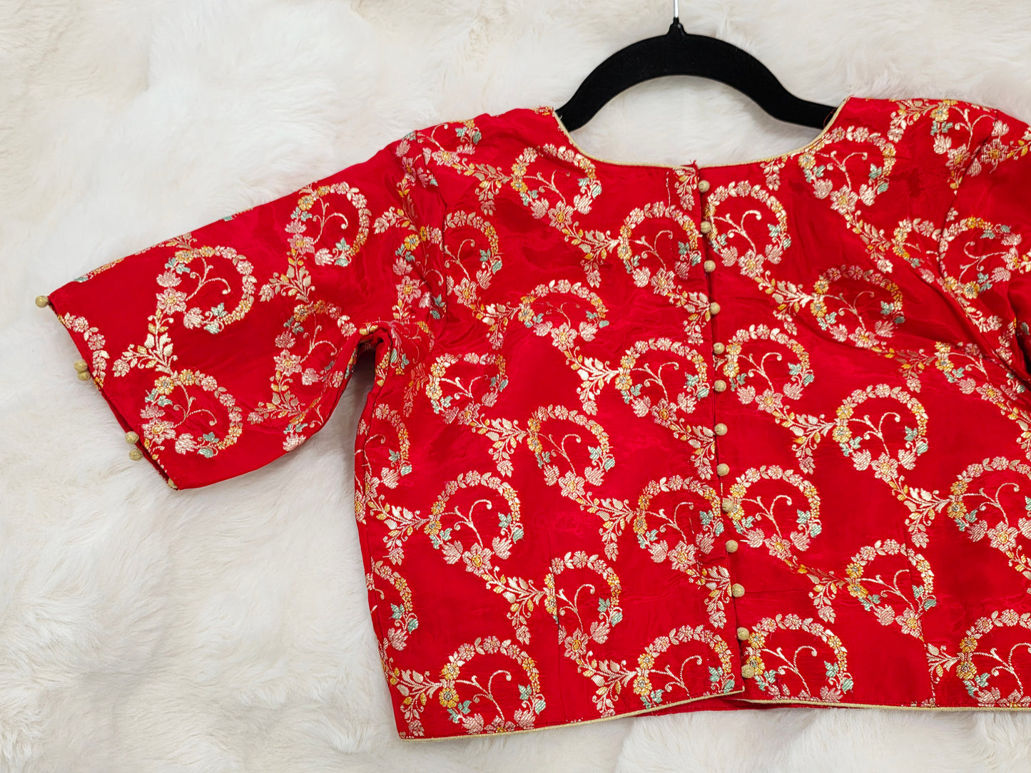 Red Benarasi Floral Weaving Design Stitched Blouse