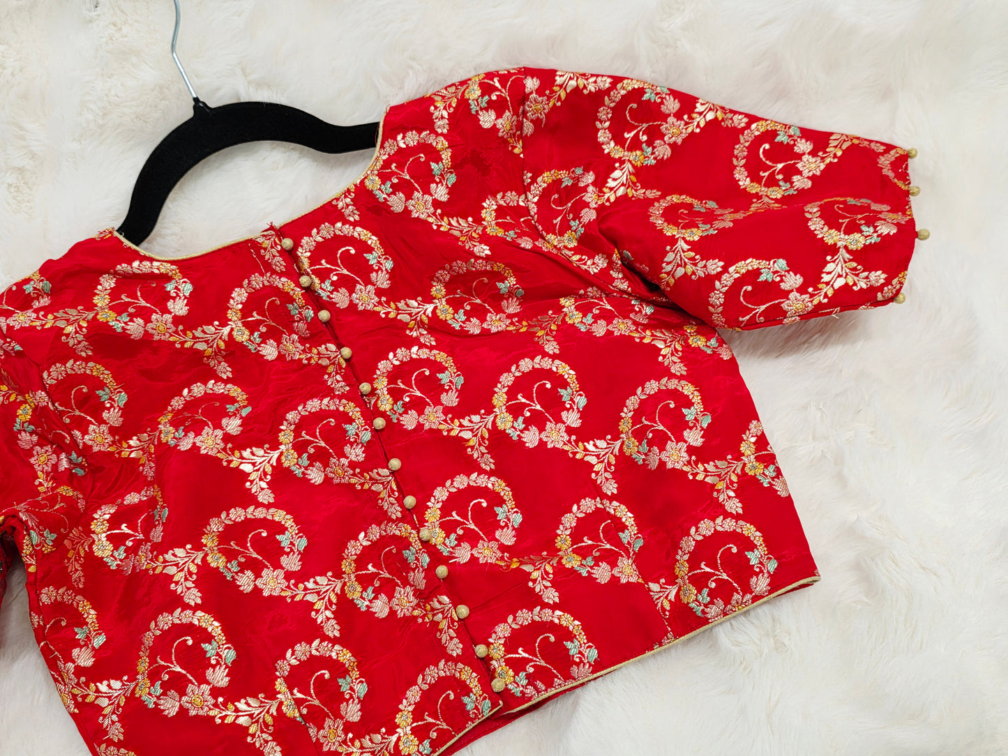 Red Benarasi Floral Weaving Design Stitched Blouse