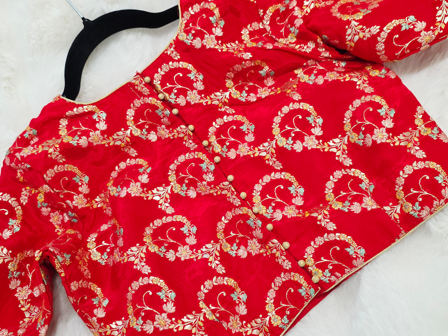 Red Benarasi Floral Weaving Design Stitched Blouse