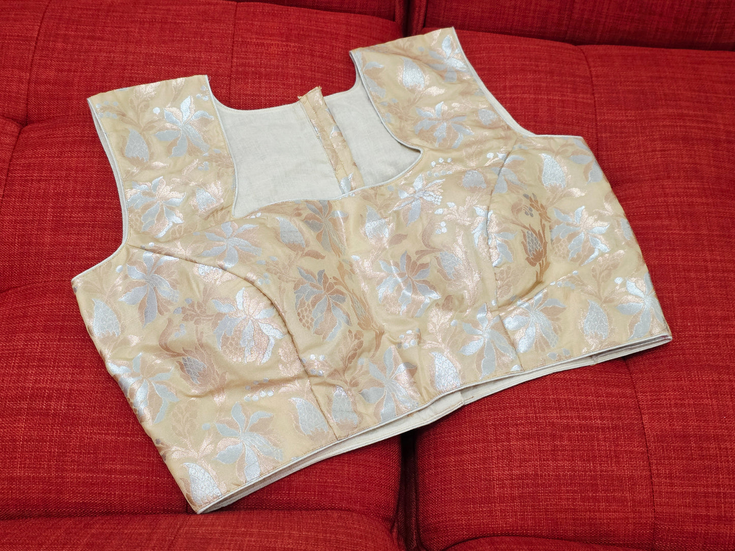 Beige Gold Sleeveless Banarasi Blouse