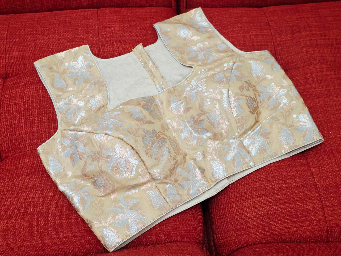 Beige Gold Sleeveless Banarasi Blouse