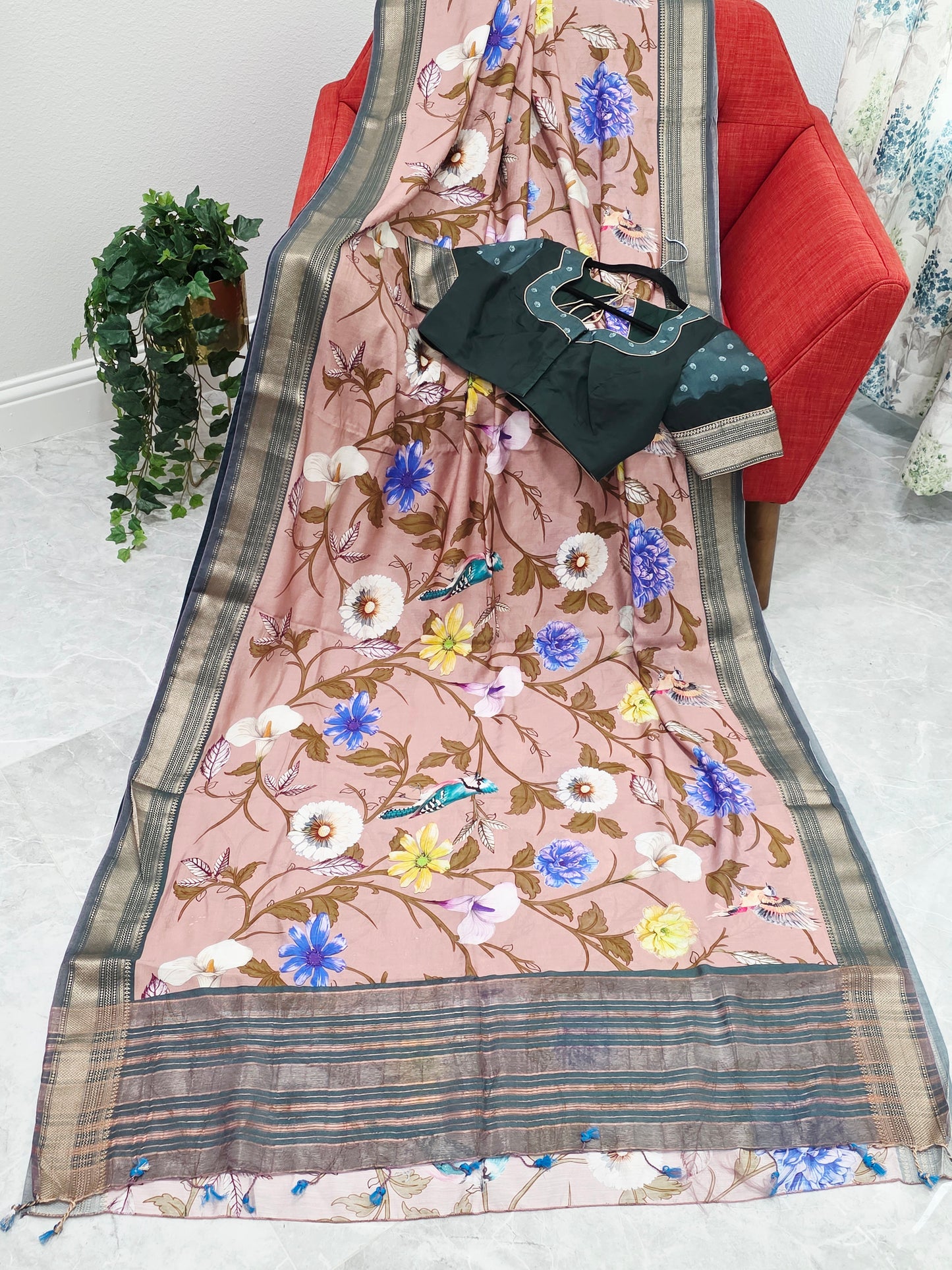 Floral Print Ruby Silk Saree with Contrast Border & Stitched Blouse