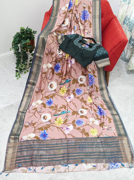 Floral Print Ruby Silk Saree with Contrast Border & Stitched Blouse