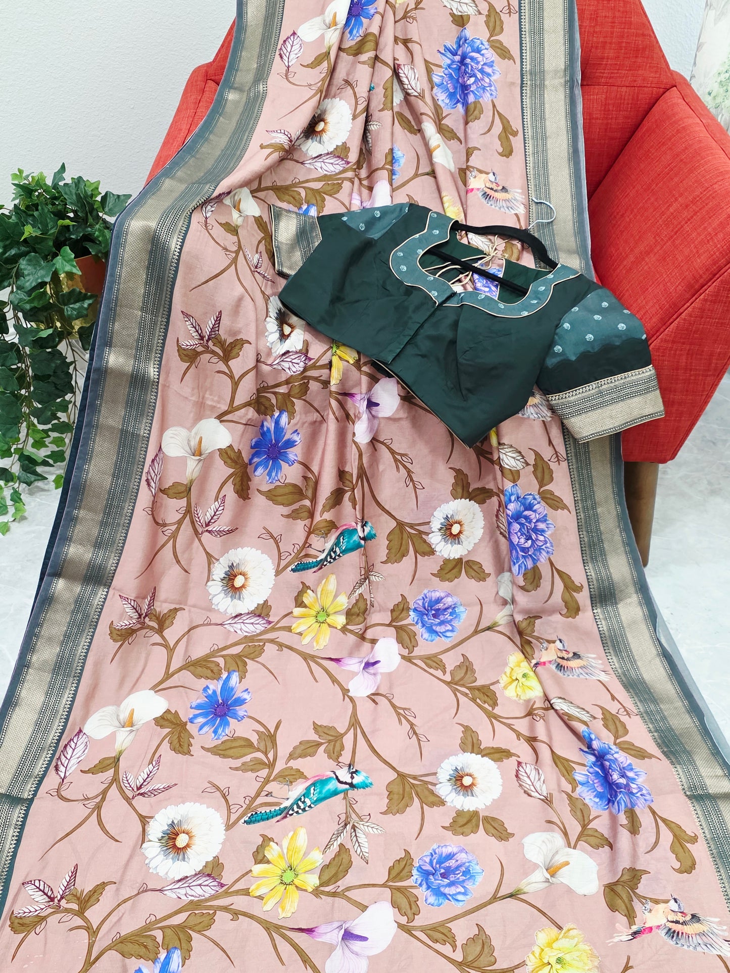 Floral Print Ruby Silk Saree with Contrast Border & Stitched Blouse