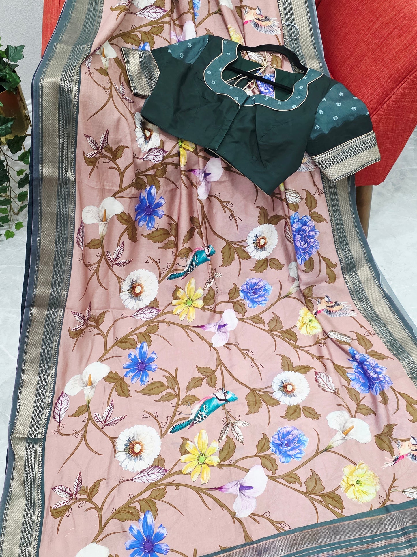 Floral Print Ruby Silk Saree with Contrast Border & Stitched Blouse