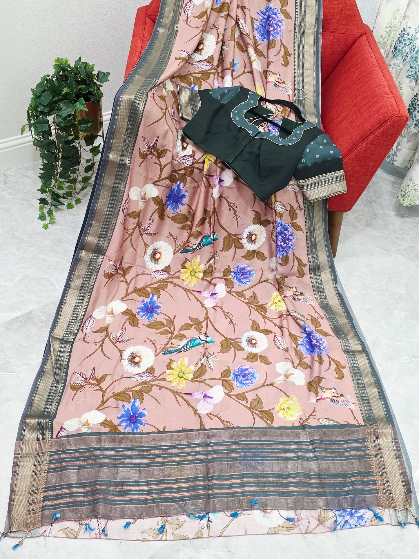 Floral Print Ruby Silk Saree with Contrast Border & Stitched Blouse
