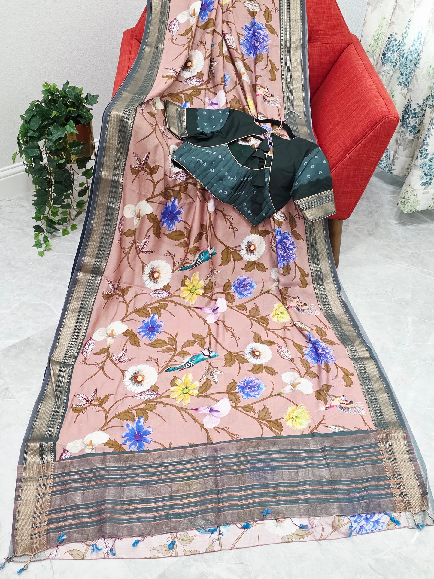 Floral Print Ruby Silk Saree with Contrast Border & Stitched Blouse