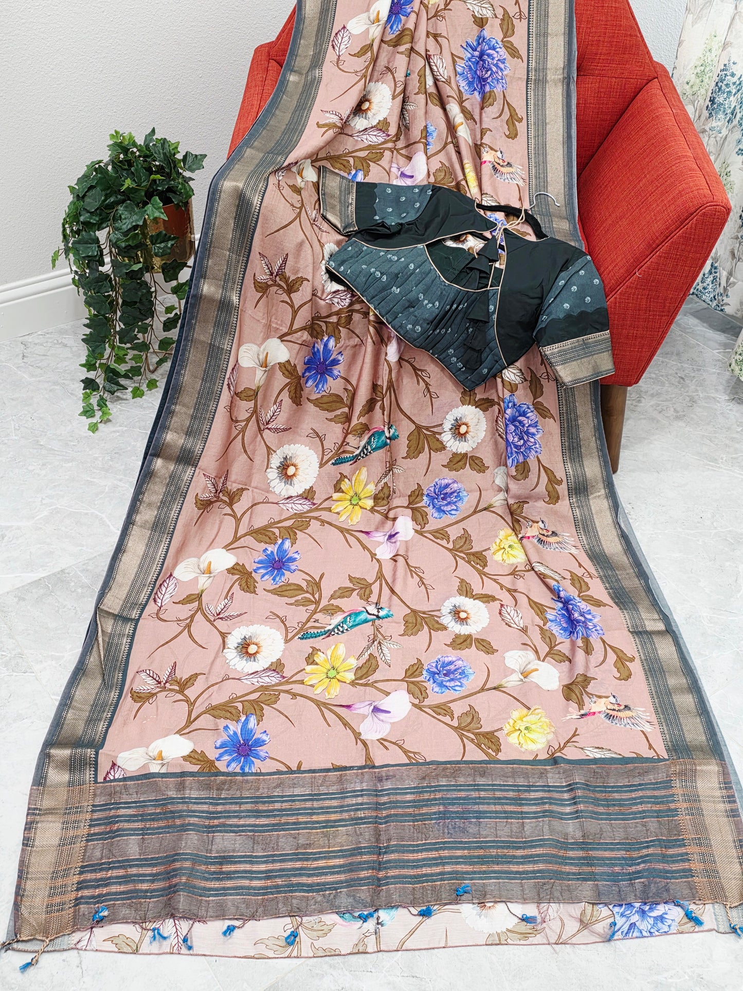 Floral Print Ruby Silk Saree with Contrast Border & Stitched Blouse