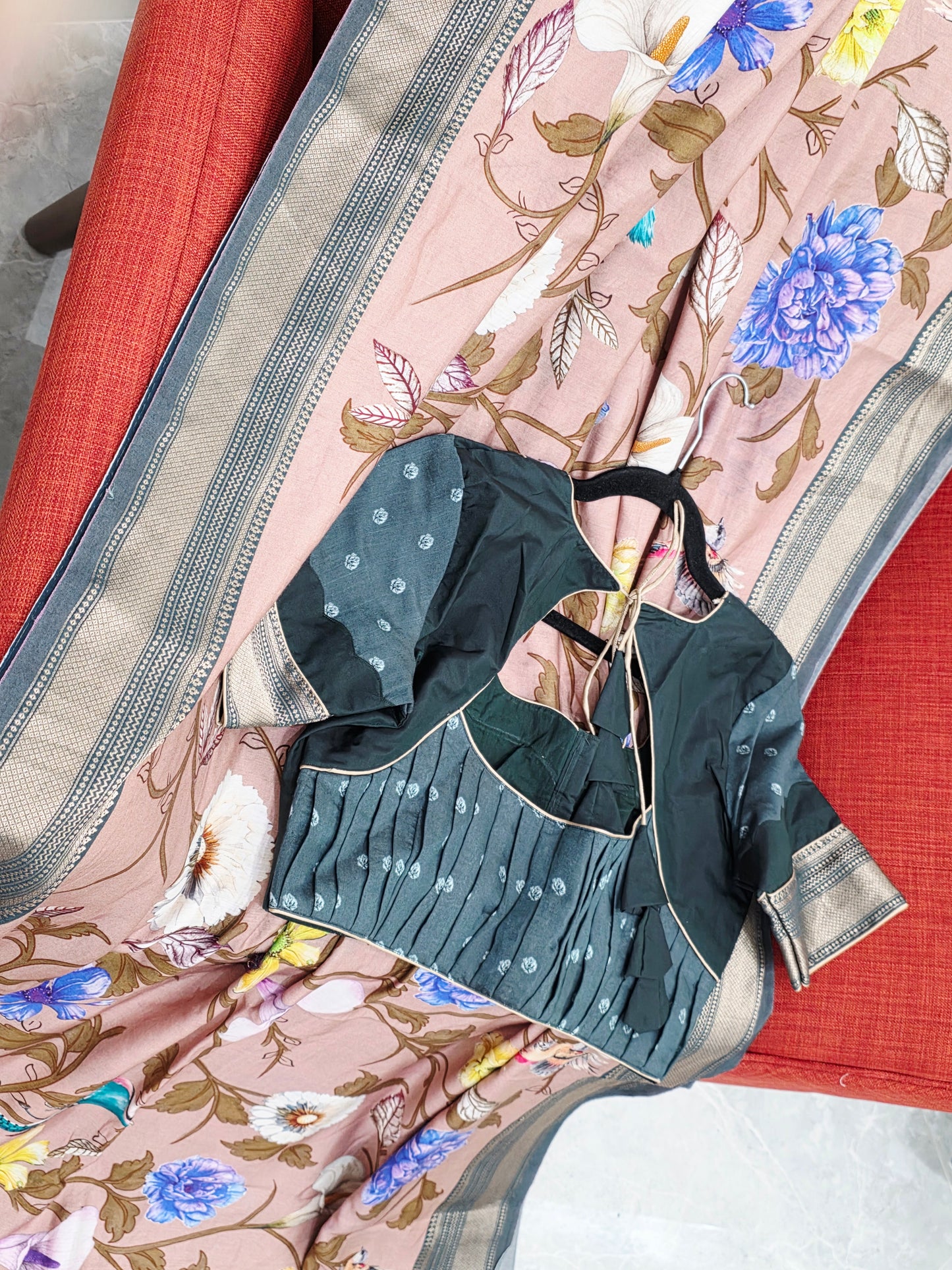 Floral Print Ruby Silk Saree with Contrast Border & Stitched Blouse