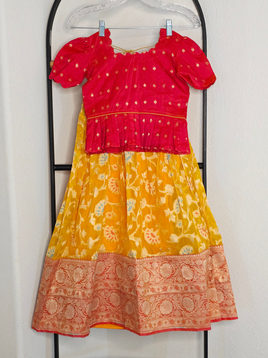 Soft Meenakari Design Organza Lehenga Set for Girls (5–6 Years) with Puff Sleeve Blouse