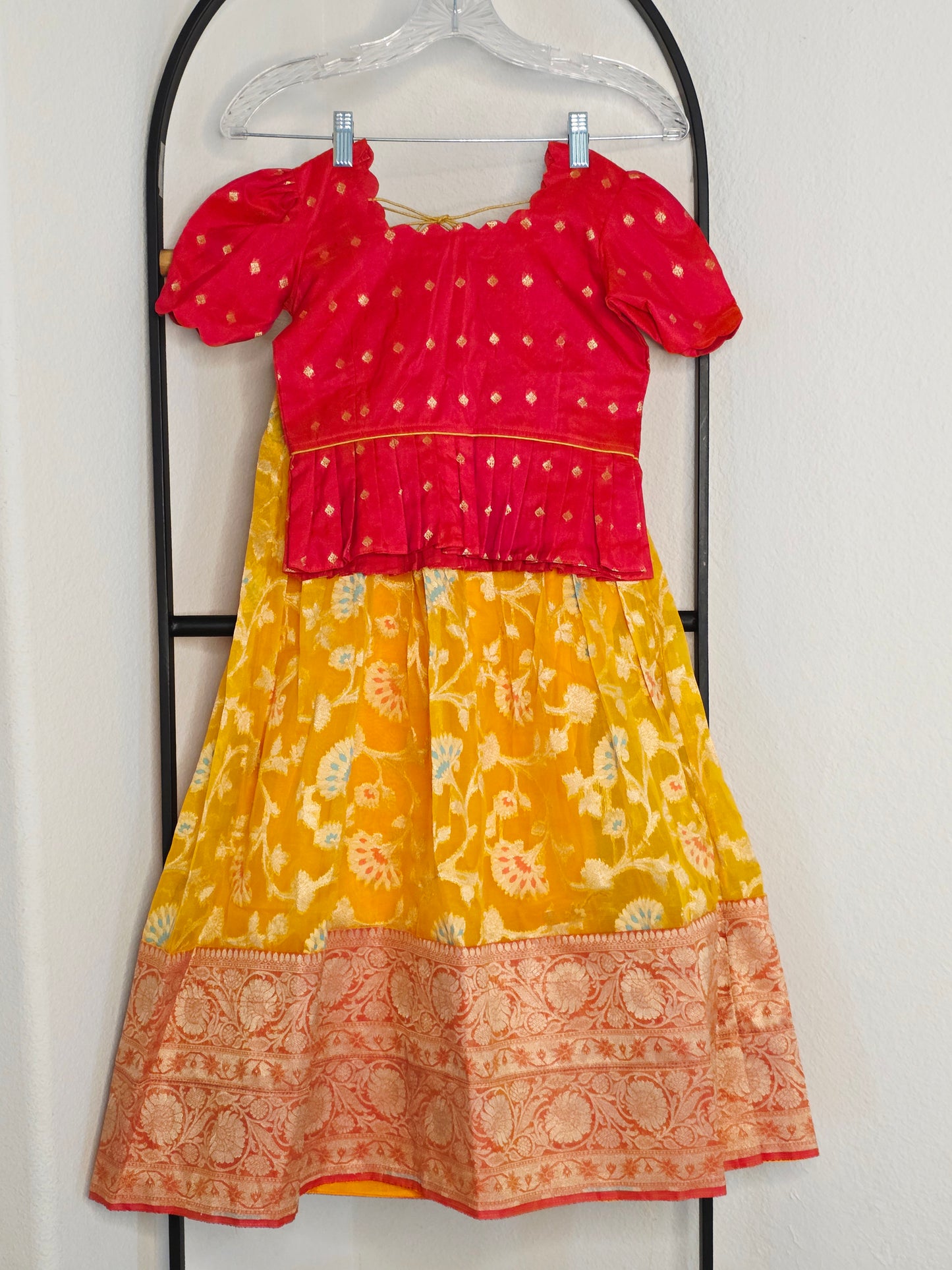 Soft Meenakari Design Organza Lehenga Set for Girls (5–6 Years) with Puff Sleeve Blouse
