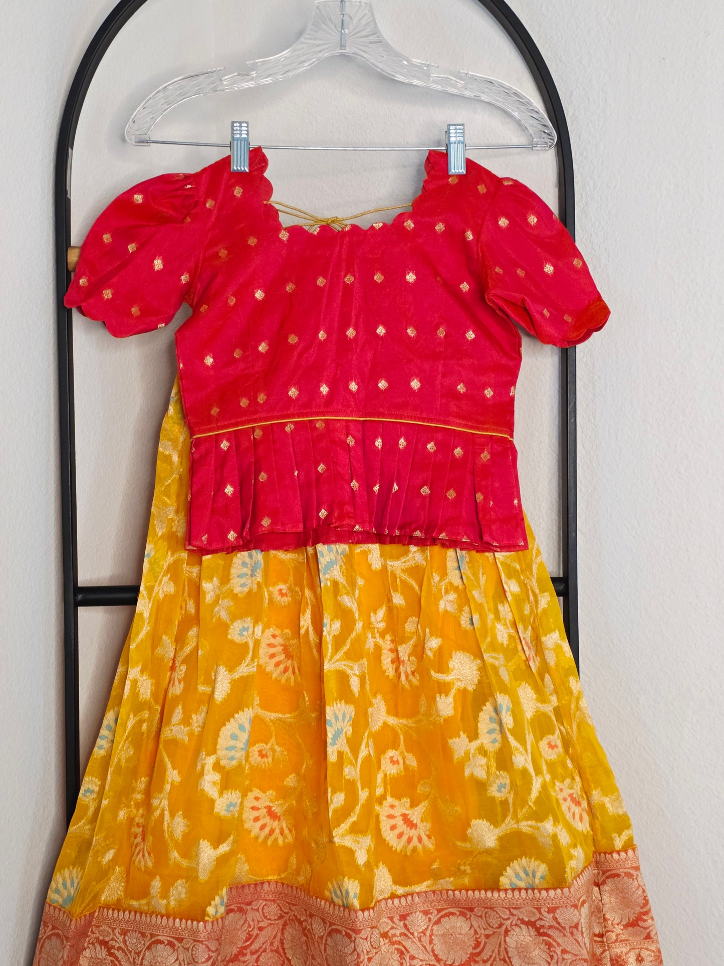 Soft Meenakari Design Organza Lehenga Set for Girls (5–6 Years) with Puff Sleeve Blouse
