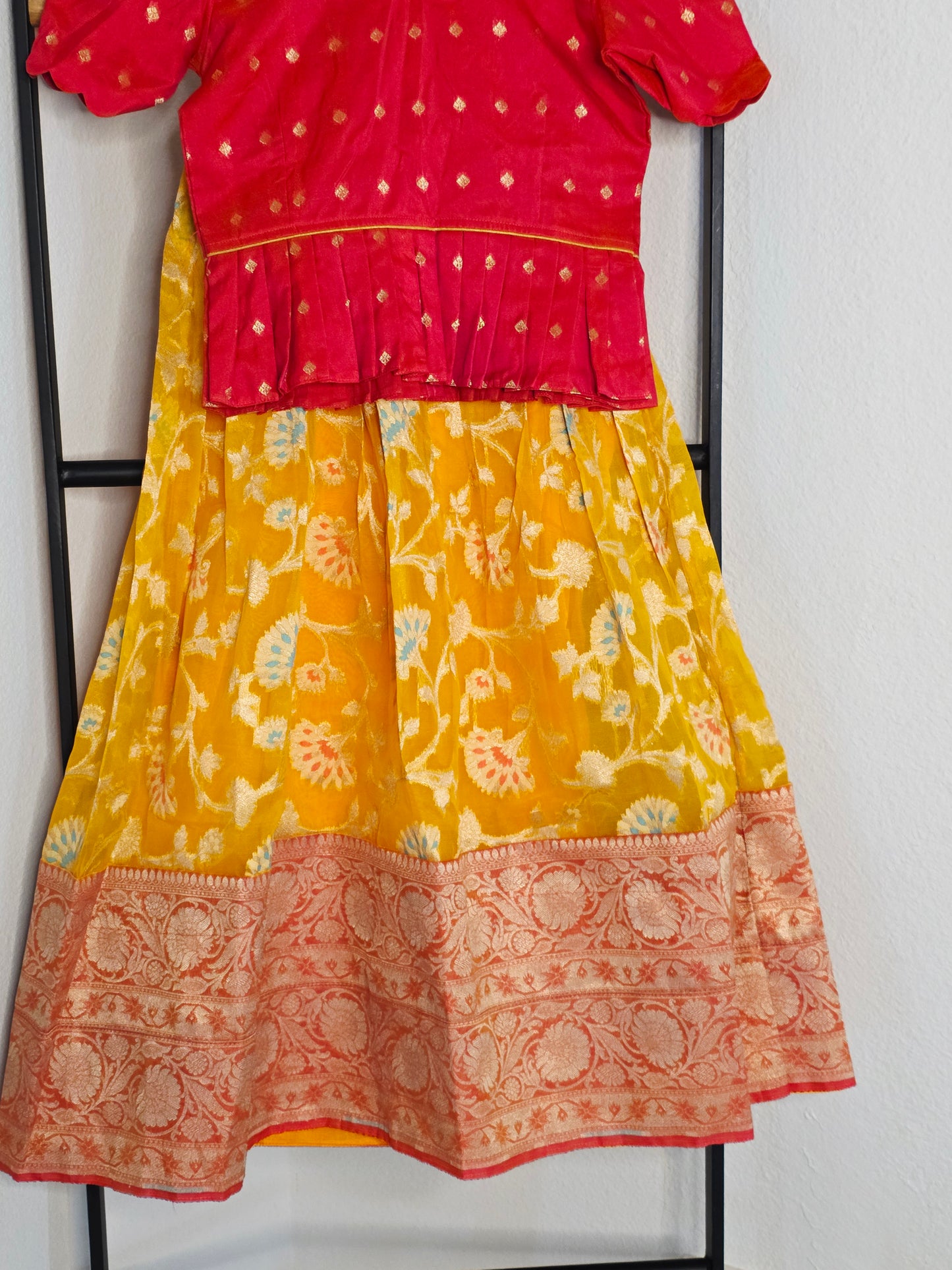 Soft Meenakari Design Organza Lehenga Set for Girls (5–6 Years) with Puff Sleeve Blouse