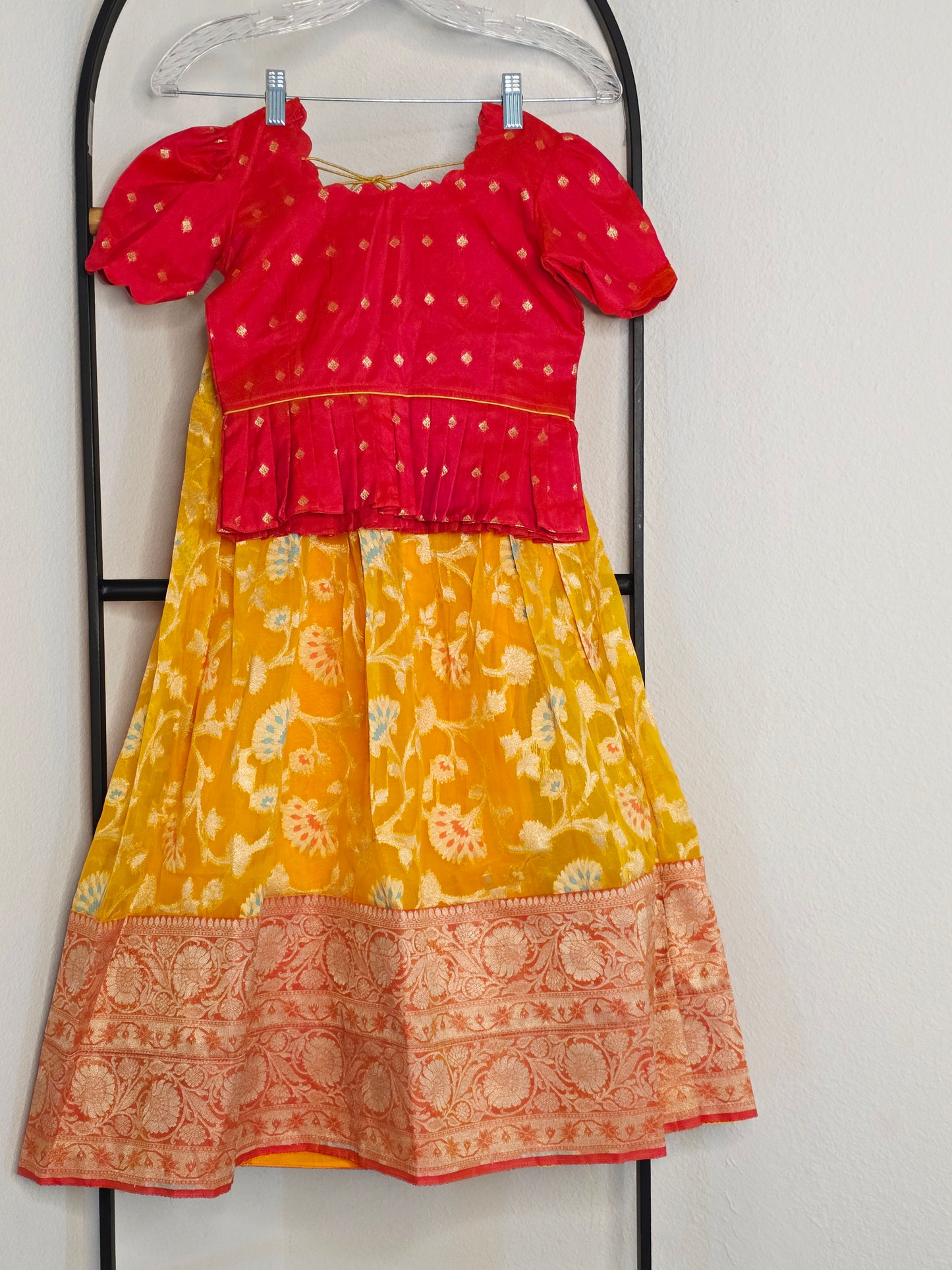 Soft Meenakari Design Organza Lehenga Set for Girls (5–6 Years) with Puff Sleeve Blouse