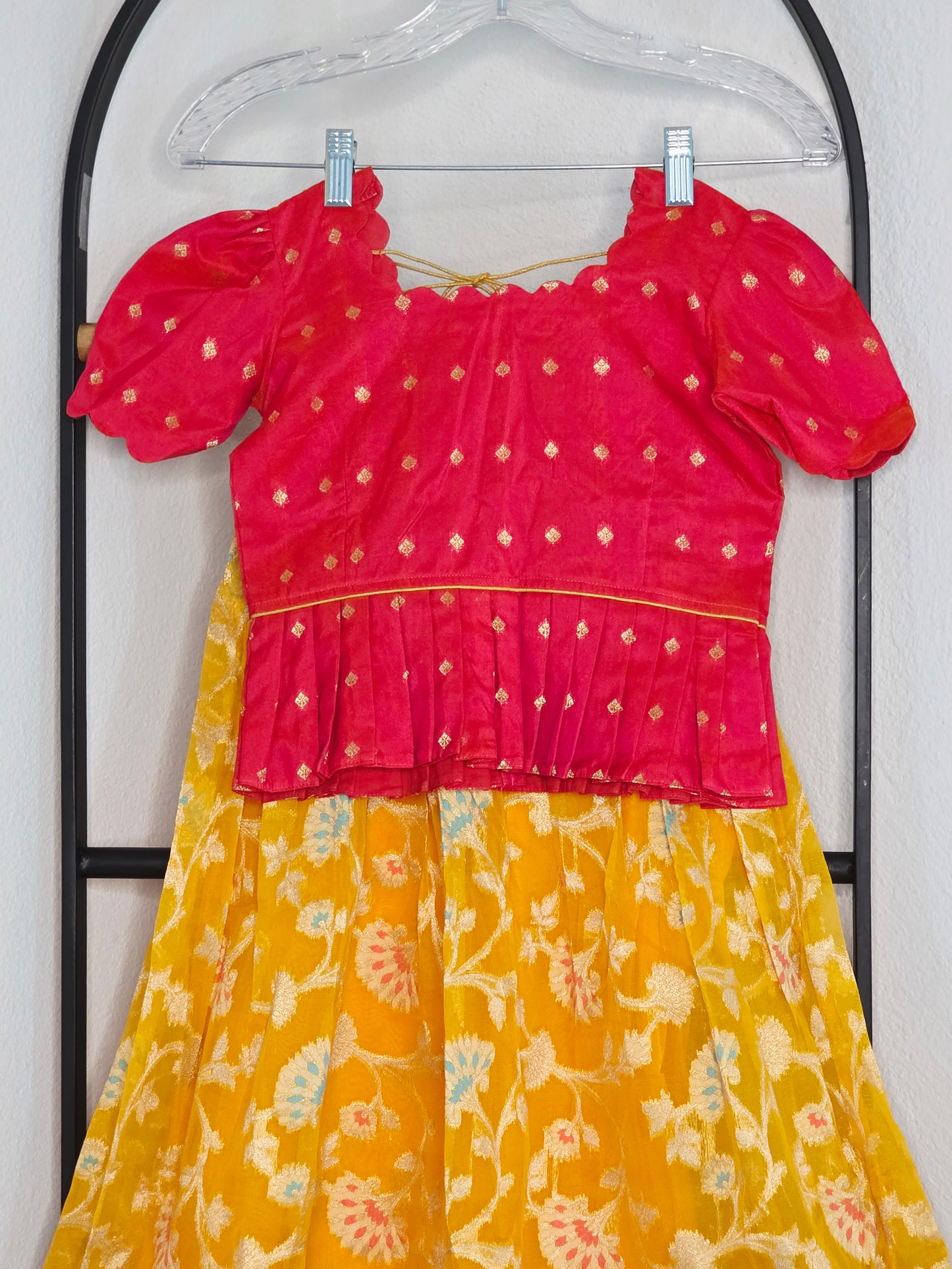 Soft Meenakari Design Organza Lehenga Set for Girls (5–6 Years) with Puff Sleeve Blouse