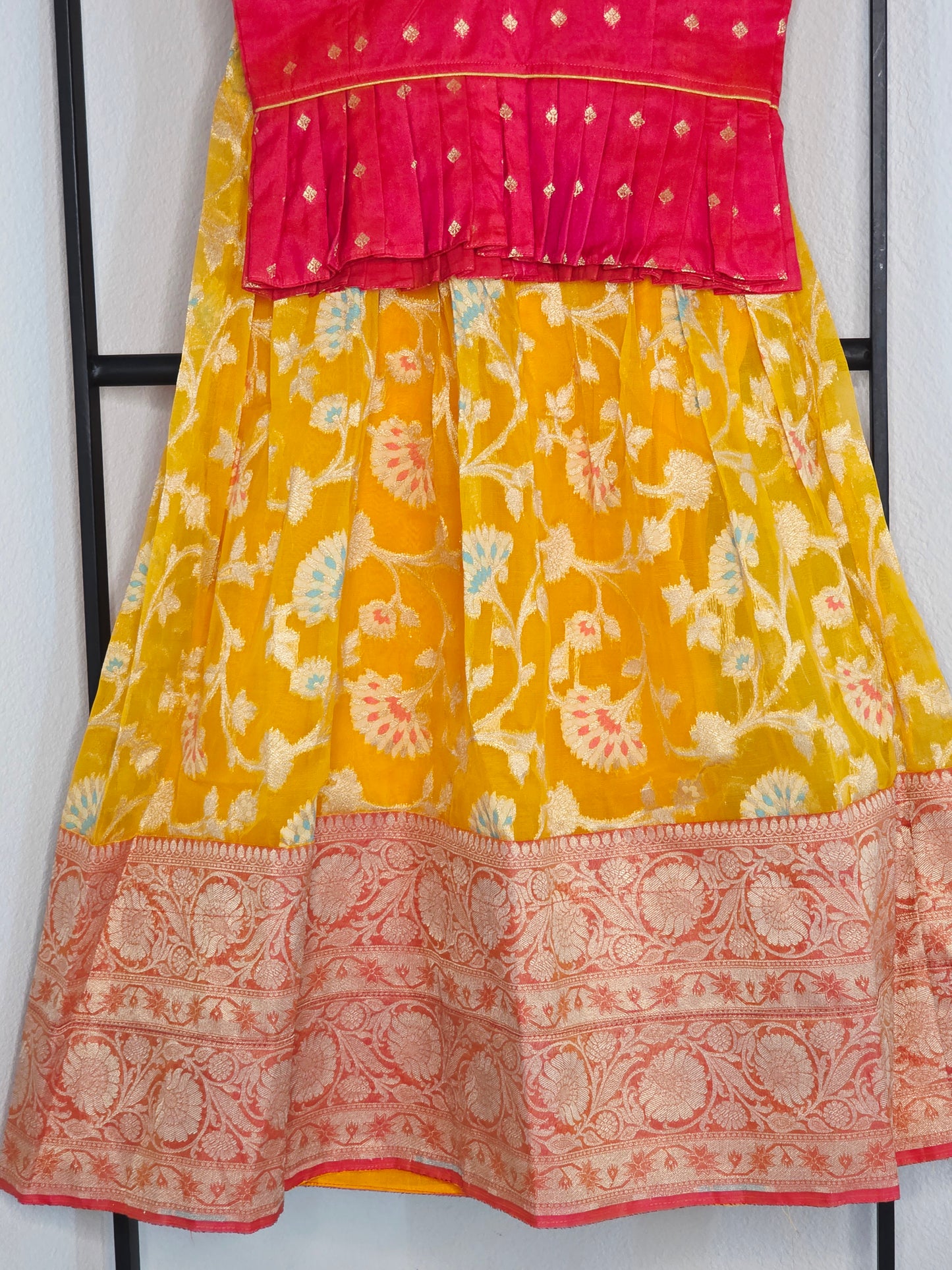 Soft Meenakari Design Organza Lehenga Set for Girls (5–6 Years) with Puff Sleeve Blouse