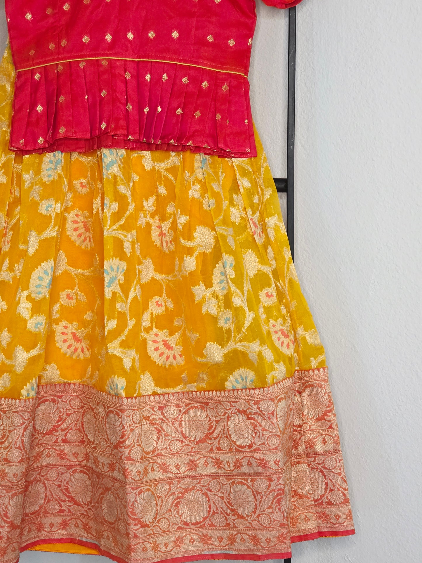 Soft Meenakari Design Organza Lehenga Set for Girls (5–6 Years) with Puff Sleeve Blouse