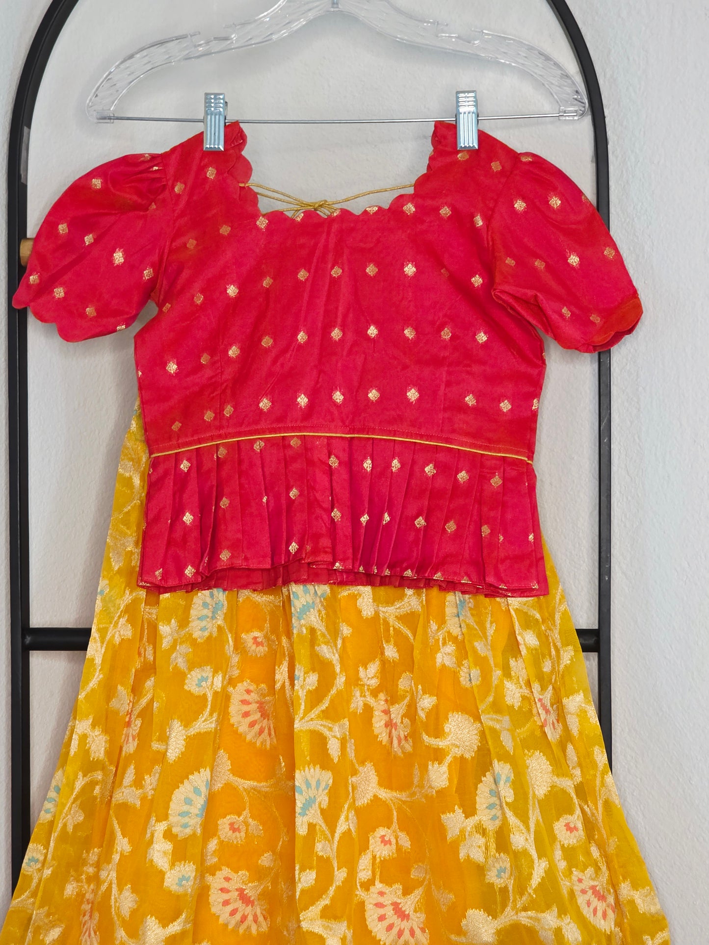Soft Meenakari Design Organza Lehenga Set for Girls (5–6 Years) with Puff Sleeve Blouse
